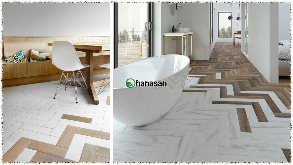 Kết hợp kiểu lát xương cá gỗ và gạch.